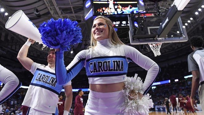 North Carolina cheerleaders during the 1st round of the NCAA Tournament at Bon Secours Wellness Arena in downtown Greenville on Friday, March 17, 2017.