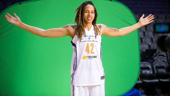 Phoenix Mercury women's basketball player Brittney Griner during media day at US Airways Center in Phoenix on Monday, June 1, 2015 .