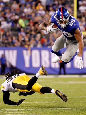 New York Giants tight end Evan Engram (88) continues to soar as he takes advantage of opportunities during his rookie season. Engram will serve as a game day captain in Sunday's game against the Kansas City Chiefs at MetLife Stadium in East Rutherford, N.J. (AP Photo/Julio Cortez)