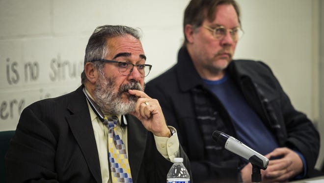 Glen Plotsky and Charlie Teufert, president and vice president of the Montague Board of Education, are seen at a Feb. 10 school board meeting. Plotsky has not responded to calls seeking an explanation for discrepancies in Superintendent Timothy Capone's new contract that may end up costing the district as much or more than the agreement saves.