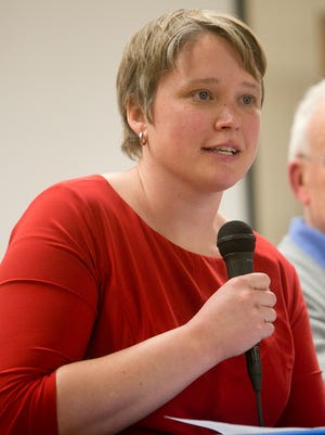 Former state representative Mandy Wright of Wausau speaks during the education forum hosted by the Marshfield Civility Project in the Beebee Forum Room at the Marshfield Public Library, Wednesday, March 4, 2015.