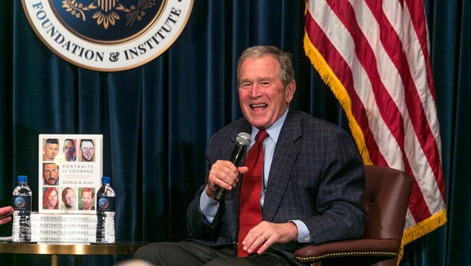 Former U.S. President George W. Bush discusses his new book "Portraits of Courage: A Commander in Chief's Tribute to America's Warriors," a collection of his artwork featuring paintings of veterans and stories at the Ronald Reagan Presidential Library in Simi Valley, Calif., Wednesday, March 1, 2017.