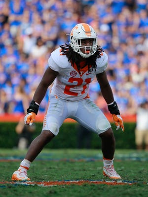 This file image shows Tennessee Volunteers linebacker Jalen Reeves-Maybin (21) during the game at Florida on Sept. 26, 2015.