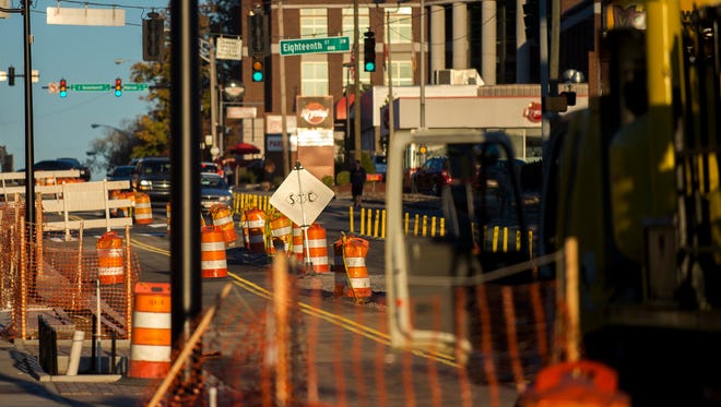 Westbound commuters on Cumberland Avenue will be shifted to the north side road, pictured left, while construction workers work to remove pre-World War II trolley tracks from the center of Cumberland Avenue between 17th and 19th streets.