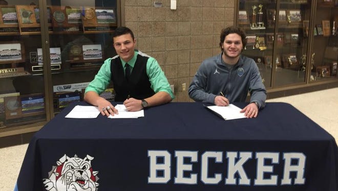Becker's Dillon Radunz, left, and Beau Pauly are ready to sign their NCAA National Letter of Intent to attend North Dakota State. The two helped lead Becker to back-to-back state Class 4A football championships.