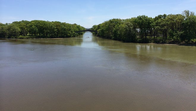 The confluence of the Erie Canal and the Genesee River, looking east down the canal.