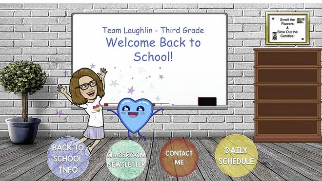 Olentangy Schools third-grade teacher Donna Laughlin created a bitmoji selfie and classroom she used for the first day of school.