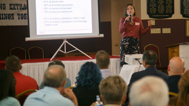 Erin O'Brien, Dixie State University's chairwoman of biological sciences and the director of the eSmart Camp for Girls pitches during the Community Impact Challenge at the Dixie Elks Lodge in St. George during the Southern Utah Community Impact Summit presented by the Utah Nonprofits Association, Tuesday, April 5, 2016.