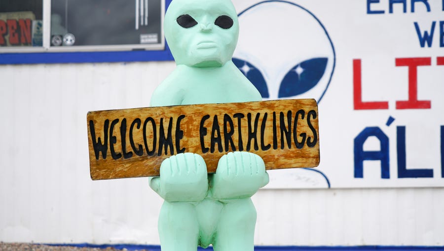 He doesn't look happy, but this little green man welcomes visitors to the Little A'Le'Inn on Nevada's Extraterrestrial Highway.      