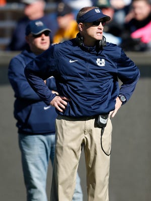 Utah State Aggies head coach Matt Wells in the first half of an NCAA college football game Saturday, Nov. 14, 2015, in at Air Force Academy, Colo.
