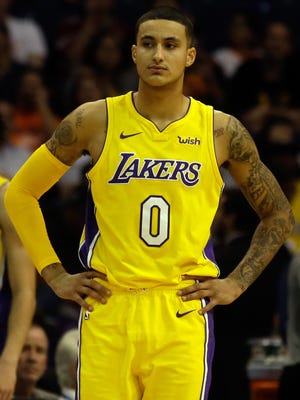 Los Angeles Lakers forward Kyle Kuzma (0) in the second half against the Phoenix Suns at Talking Stick Resort Arena.