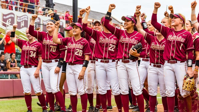 The Florida State softball team celebrates winning the NCAA Tallahassee Regional after an 8-5 victory over Georgia at JoAnne Graf Field on Sunday afternoon.