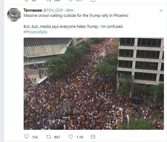 The Twitter account @TEN_GOP tweeted a photo of the crowd in Phoenix for the Trump rally, but the photo was actually taken in 2016 in Cleveland.