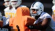 Trey Smith (73) does a drill during spring training