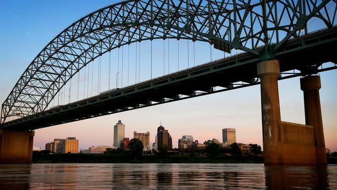 August 23, 2016 - The Memphis skyline can be seen under the Hernando DeSoto Bridge crossing the Mississippi River. The bridge takes its name from Spanish explorer Hernando DeSoto who is believed to be the first European explorer to cross the mighty river. (Mike Brown/The Commercial Appeal)