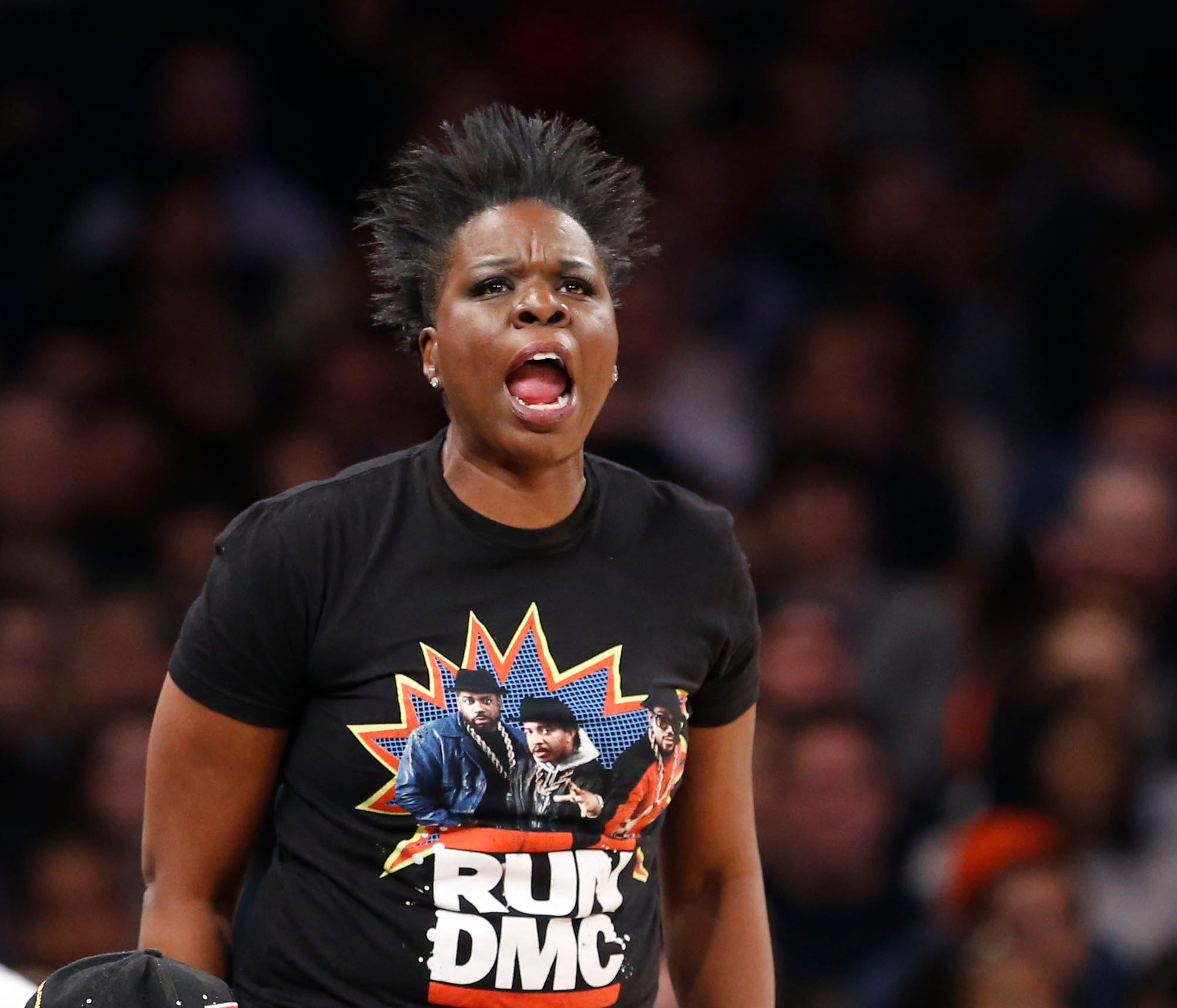 Dec 10, 2017; New York, NY, USA; Saturday Night Live cast member Leslie Jones cheers for the New York Knicks during a game against the Atlanta Hawks at Madison Square Garden. Mandatory Credit: Noah K. Murray-USA TODAY Sports ORG XMIT: USATSI-362609 O
