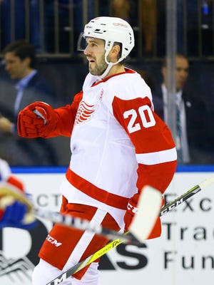 Oct 19, 2016; New York, NY, USA; Detroit Red Wings left wing Drew Miller reacts after scoring the game winning goal against New York Rangers during the third period at Madison Square Garden.