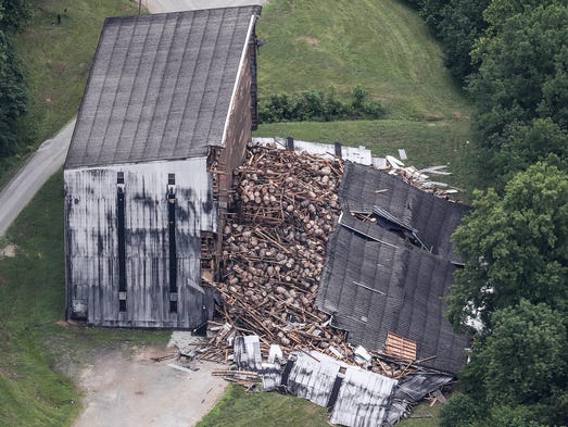 A partially-collapsed bourbon warehouse at the Barton