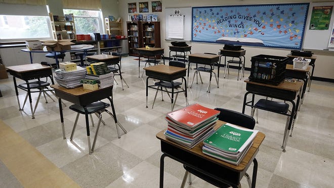 An Alden School classroom in Duxbury, where desks are spaced at least 6 feet apart and other furniture has been moved to make room for the socal distancing.