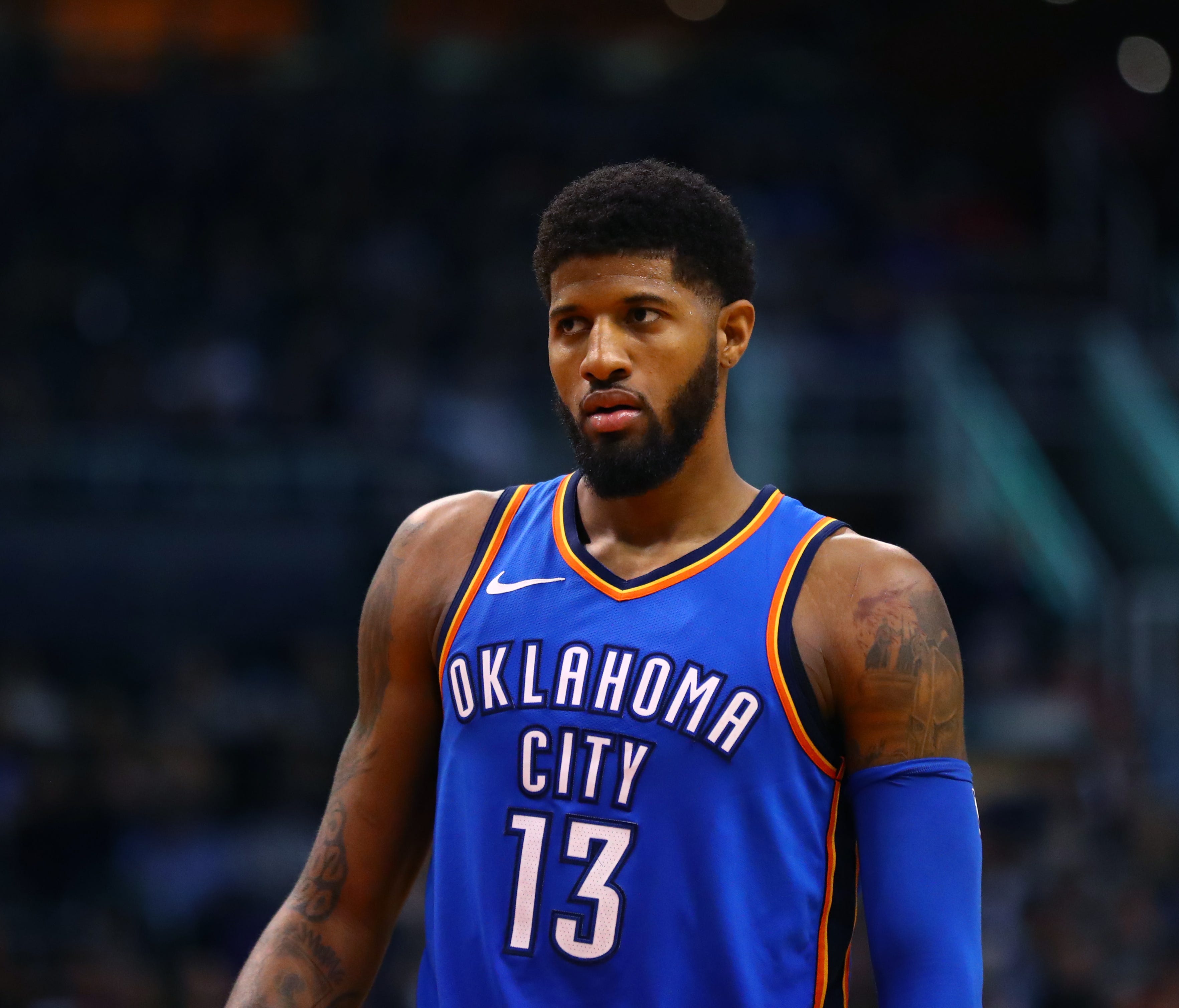 Oklahoma City Thunder forward Paul George against the Phoenix Suns at Talking Stick Resort Arena.