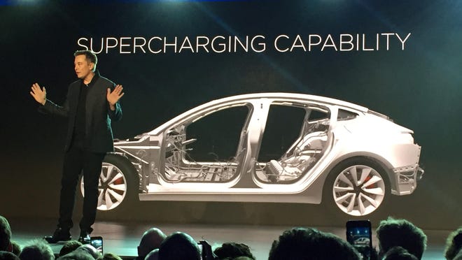 Tesla Motors Inc. CEO Elon Musk speaks at the unveiling of the Model 3 at the Tesla Motors design studio in Hawthorne, Calif., last month.