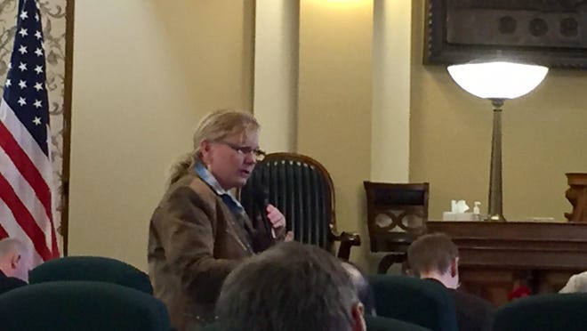 Sen. Jennifer Fielder, R-Thompson Falls, speaks Tuesday to colleagues about House Bill 246.