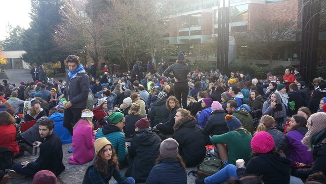 Students rally on Nov. 18, 2015, at Lewis &amp; Clark College.