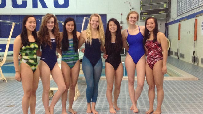 
Salem’s qualifiers for the Division 1 girls swimming and diving state finals include (from left) Lisa Zhang, Molly Rowe, Jenna Chen, Stephanie Solterman, Katie Xu, Patricia Freitag and Linda Zhang.

