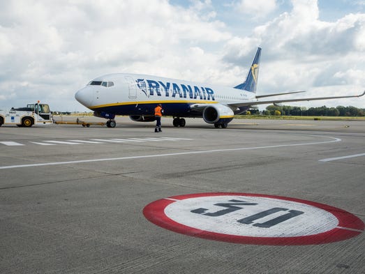 A Ryanair jet at the Charleroi Airport in Belgium on
