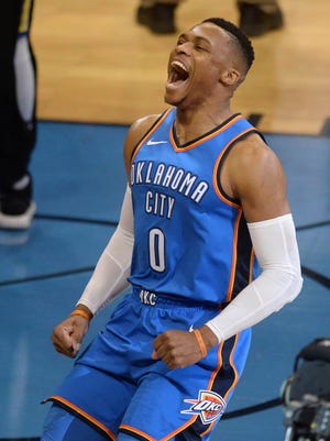 Oklahoma City Thunder guard Russell Westbrook (0) takes the floor prior to action against the Golden State Warriors  at Chesapeake Energy Arena.
