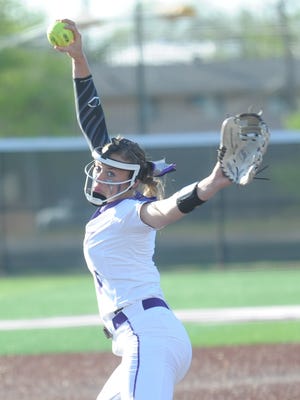 ACU freshman Sidney Holman throws a pitch in the fifth inning against Texas A&M-Corpus Christi. She allowed five hits in an 11-0 victory over the Islanders in five innings in Game 1 of a doubleheader Friday, March 31, 2017 at Poly Wells Field.