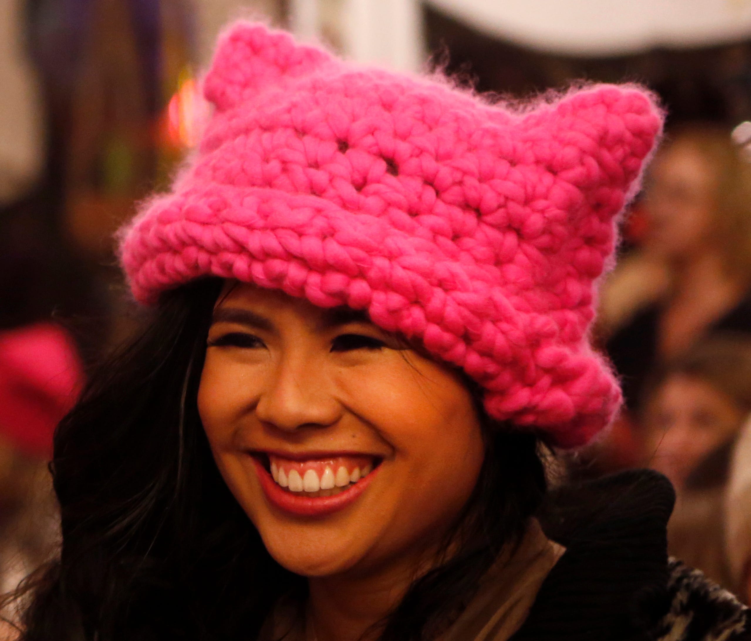 Krista Suh, co-creator of the pussyhat wears one that she knitted on Jan. 6, 2017 at The Little Knittery in Atwater Village, Calif.
