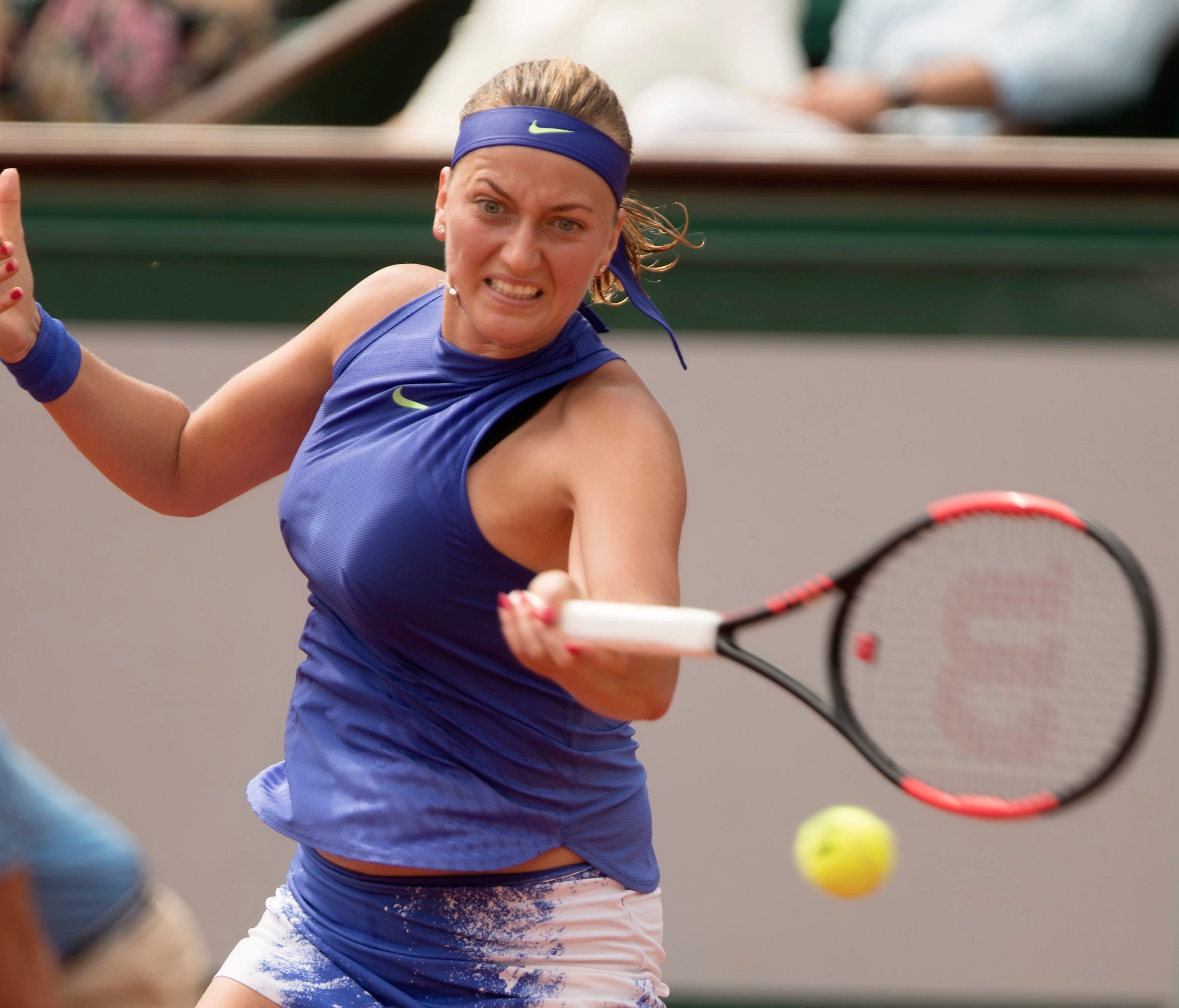 Petra Kvitova in action during her match against Julia Boserup on Day 1 of the 2017 French Open.
