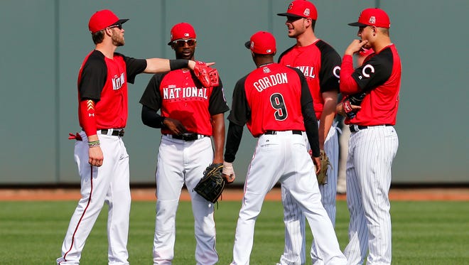 (From left to right) outfielder Bryce Harper, outfielder Andrew McCutchen, Dee Gordon,  Kris Bryant and Anthony Rizzo before the 2015 MLB All-Star Game at Great American Ballpark.
