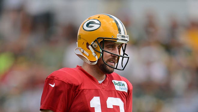 Green Bay Packers quarterback Aaron Rodgers during training camp practice at Ray Nitschke Field on Wednesday, Aug. 13, 2014. Evan Siegle/Press-Gazette Media