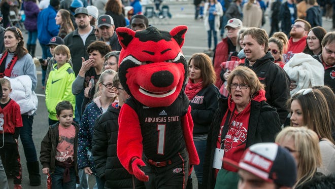 The Sound of the Natural State marching band performed during the Arkansas State Red Wolves pep rally at the Camellia Bowl Fan Fest in Montgomery on Saturday, Dec. 16, 2017.