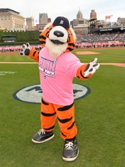 Paws, the mascot for the Detroit Tigers, honors those