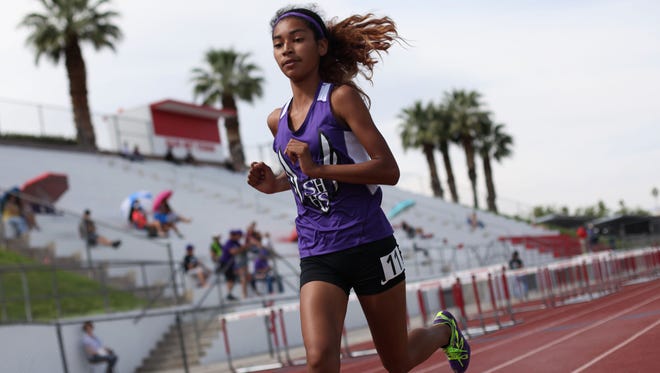 Shadow Hills' Nyah Chavez is 1st in the girls varsity 1400m race on Thursday, April 6, 2017 in Palm Springs.