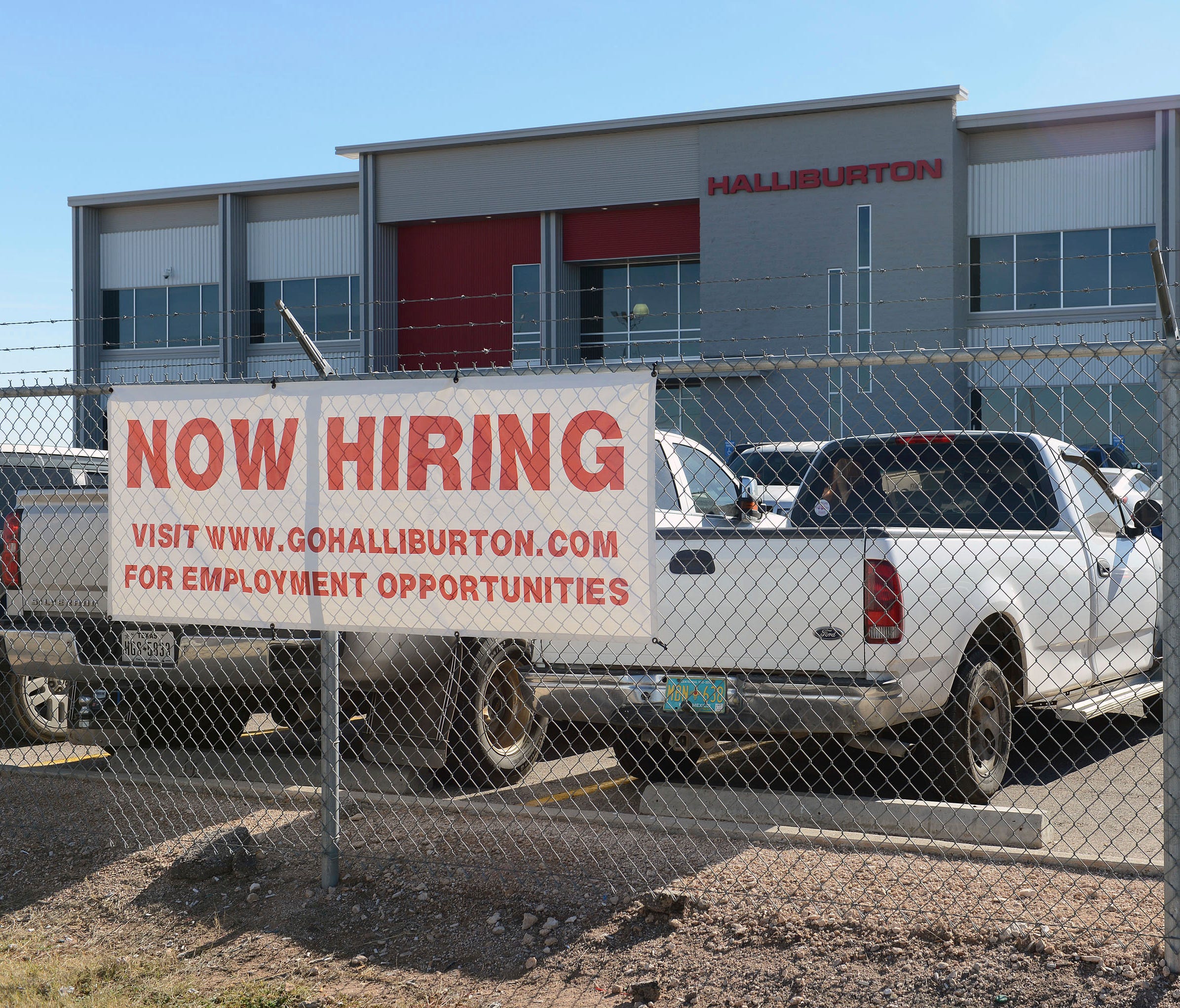 Prospects for employment in the oil field are beginning to have positive signs as indicated by this hiring sign in front of the Halliburton facility in Odessa, Texas.