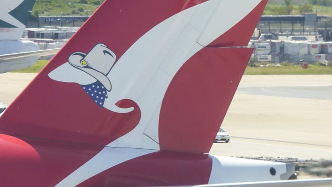 The Qantas kangaroo got a makeover for the airline's maiden A380 flight from Sydney to Dallas/Fort Worth.