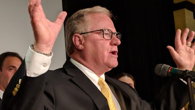 Scott Wagner delivers a speech after he was the declared the Republican nominee for Governor of Pennsylvania on Tuesday night.