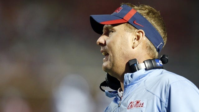 Mississippi coach Hugh Freeze yells at the officials in the second half of an NCAA college football game against Memphis in Oxford, Miss., Saturday, Sept. 27, 2014. No. 10 Mississippi won 24-3. (AP Photo/Rogelio V. Solis)