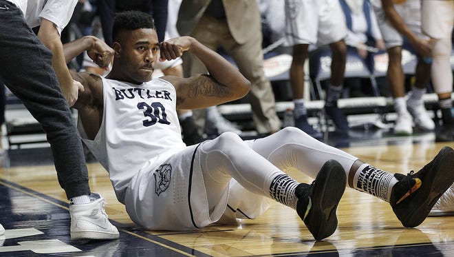 Butler Bulldogs forward Kelan Martin (30) flexing his muscle s after making a basket while getting fouled in the second half of their game at Hinkle Fieldhouse Saturday, Dec. 30, 2017. The Butler Bulldogs defeated the Villanova Wildcats 101-93.