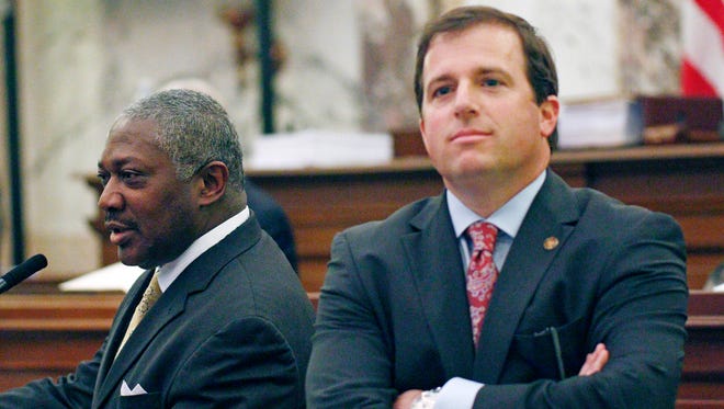 Sen. Josh Harkins, R-Flowood, right, reacts as Sen. John Horhn, D-Jackson, left, purposes amendments that would affect Harkins' proposed legislation that would shift control of the Jackson-Medgar Wiley Evers International Airport to state officials and surrounding counties, Thursday, March 3, 2016 in Senate chambers at the Capitol in Jackson, Miss.