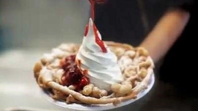Funnel cake strawberry shortcake with soft-serve vanilla ice cream at the 2017 Indiana State Fair.
