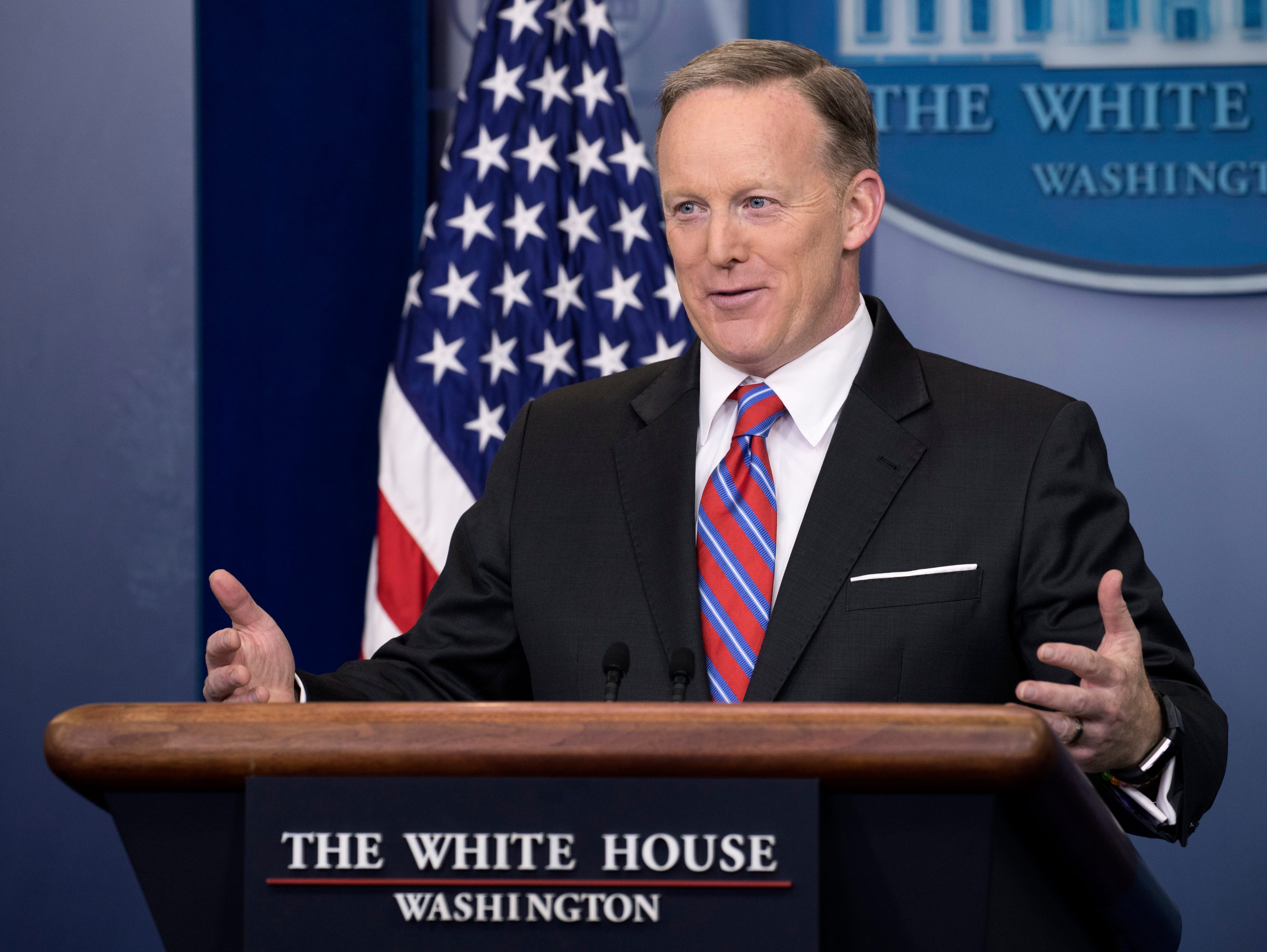 White House Press Secretary Sean Spicer responds to a question from the news media during the daily press briefing in the Brady Press Briefing Room at the White House in Washington, D.C, USA, on March 28.