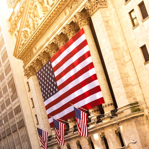 An American flag on the New York Stock Exchange bu
