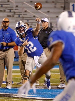 MTSU’s quarterback Brent Stockstill (12) warms up with some passes before the game against UTEP, on Saturday, Nov. 4, 2017, at MTSU, after being hurt on the sidelines for several games.