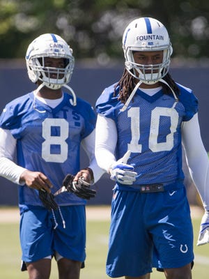 Deon Cain (left), and fellow wide receiver Reece Fountain, during organized team activities at the Colts Complex, Indianapolis, Wednesday, May 23, 2018. 