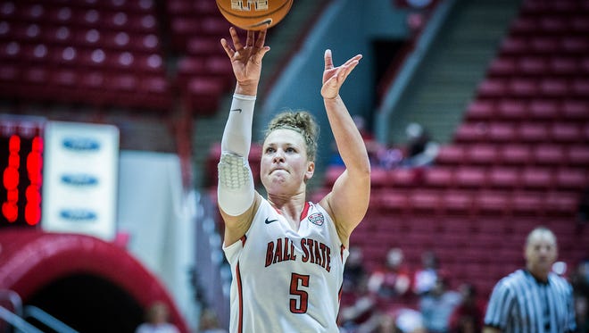Ball State's Jill Morrison shoots a free throw against Ohio during their game at Worthen Arena Saturday, Jan. 30, 2016. 
